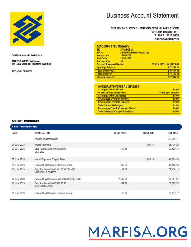 Realistic Banco do Brasil bank organization account statement Word and PDF template